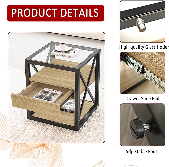 Farmhouse End Table Set of 2, Modern Side Table with Drawer&3-Tier Storage Shelf, Square Rustic Nightstand, Accent Tea Table, for Bedroom Office Living Room, Brown, Natural Wood, Glass, Metal