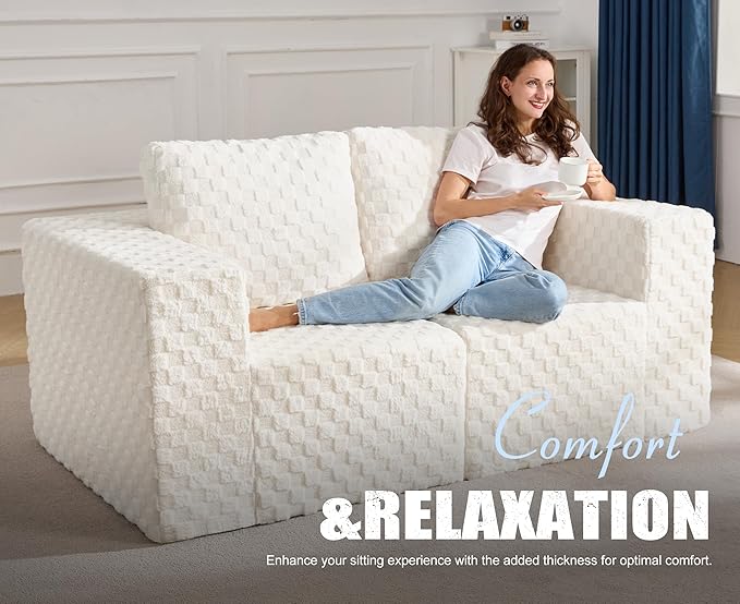 Modular Sectional Sofa 2 Seater Loveseat Modular Couch with Deep Seat Memory Foam Cloud Chair with Pillows Oversized Sectional Sofa for Living Room Bedroom (Plush White, Loveseat)