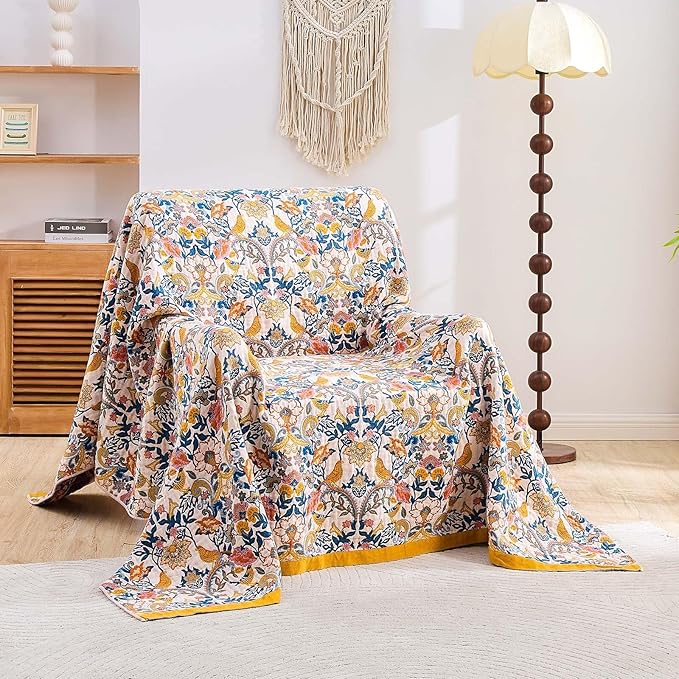 Boho Blanket Throw Quilt, 100% Cotton Soft Light Weight Throw Blankets for Summer, 50"x60" Farmhouse Flower Decorative Blankets, All Season Rustic Reversible Bohemian Throw Quilt