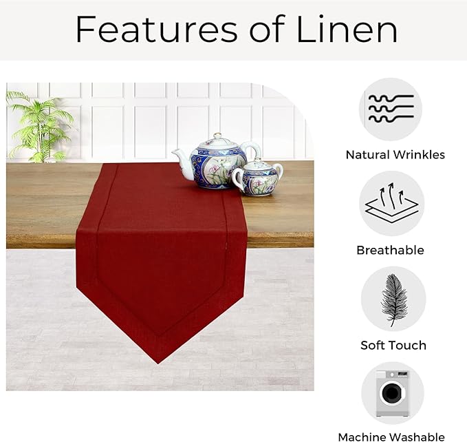 D'Moksha Homes Red Linen Table Runner 48 Inches Long - 100% Pure Linen Diamond Table Runner 14 x 48 Inch for Dining, Fall and Halloween - Machine Washable