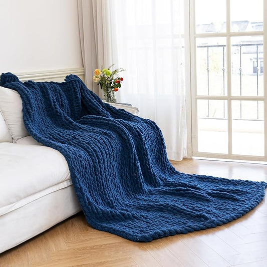 Chunky Knit Blanket - Luxury Soft Cozy 60 * 80 Throw Blanket,100% Woven Blanket Rope Knot Throw Blanket for Couch, Sofa, Home Decor, Gift - Machine Washable（Deep Blue）