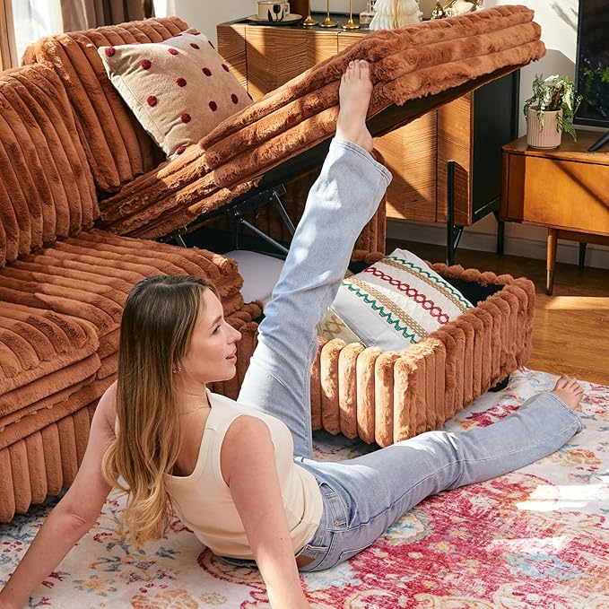 Belffin Oversized Sofa Bed Modular Sectional Sleeper Sofa with Pull Out Bed L Shaped Couch with Storage Chaise Brick Red Couch