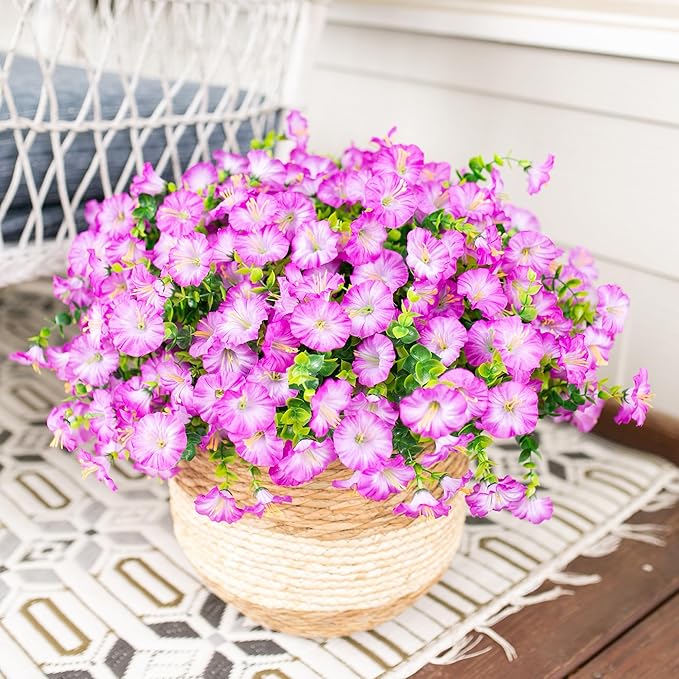 Artificial Flowers for Outdoors Fake Plants Outside Decoration, 12 Bundles Silk Purple Morning Glory UV Resistant Look Real Faux Flowers for Planter Front Door Porch Patio Yard Gardens Home