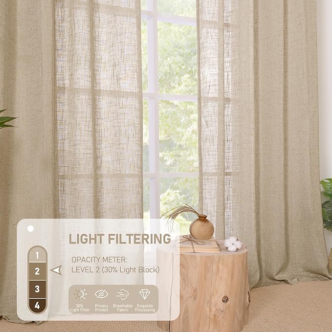 LAMIT Linen Curtains 63 inches Long for Bedroom, Bronze Grommet Linen Drapes Light Filtering Semi Sheer Curtains for Small Window/Farmhouse, 2 Panels (38 x 63 Inch, Brown)