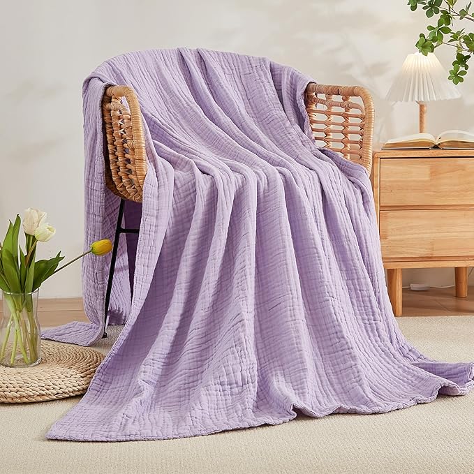 EMME Cotton Muslin Blanket King Size - Soft, Breathable Layering Blanket, 108"x90", All Season Gauze, Lavender