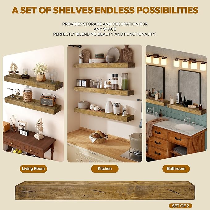 Floating Shelves 3 inch Thick for Wall Set of 2,Solid Pine Wood Wall Mount Shelf for Kitchen Living Room Bedroom Bathroom,8" D x 36" L x 3" H-Distressed Black Walnut