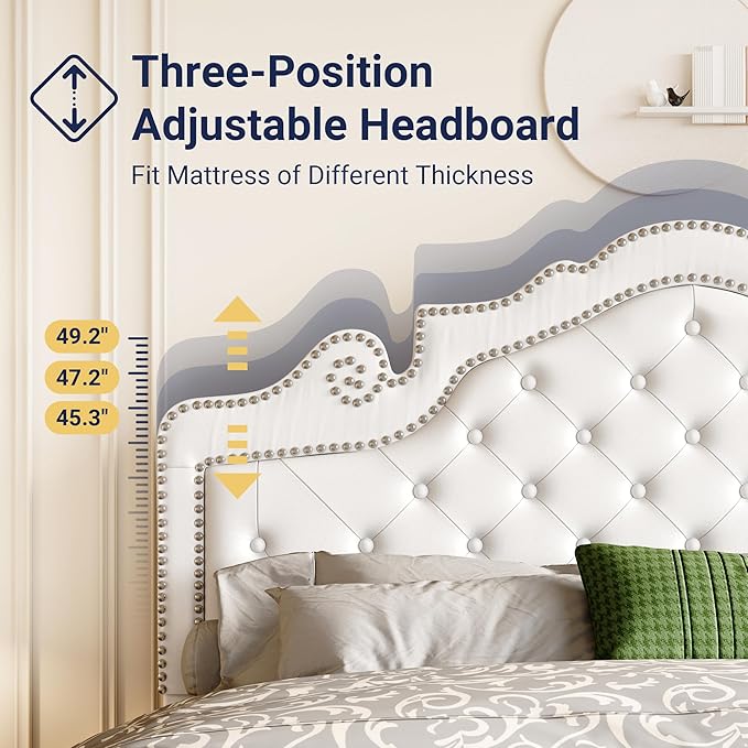 Allewie Full Size Bed Frame with Adjustable Velvet Tiara Headboard, Upholstered Diamond Button Tufted Platform Bed, Wood Slats Support, No Box Spring Needed, White