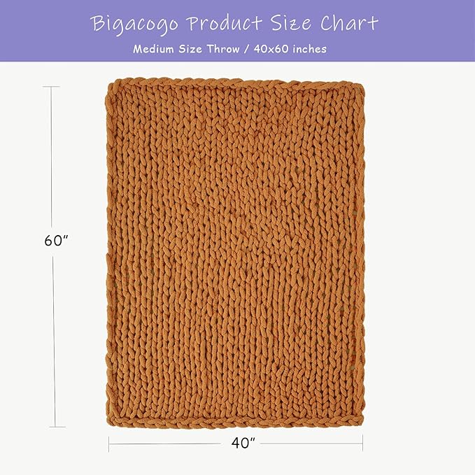 Bigacogo Chunky Knit Throw Blanket for Couch, 40x60 inches, 100% Hand Knitted with Thick Jumbo Chenille Yarn, Cozy Soft Large Rope Knot Cable Crochet Blankets for Sofa Bed Living Room, Burnt Orange