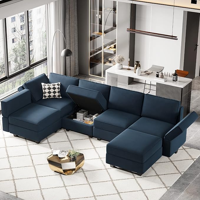 Belffin Modular Velvet Sectional Sofa with Chaise Lounge Sectional Sleeper Sofa with Storage Chaise Bed Couch for Living Room Blue