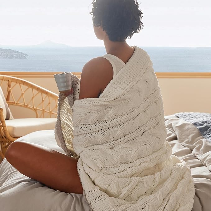 Bedsure Cable Knit Throw Blanket for Couch Bed - Breathable Chenille Chunky Knit Throw Blanket for Decorative Gift, GentleSoft Cozy and Warm for Winter and All Seasons, Cream, 50x60 Inches