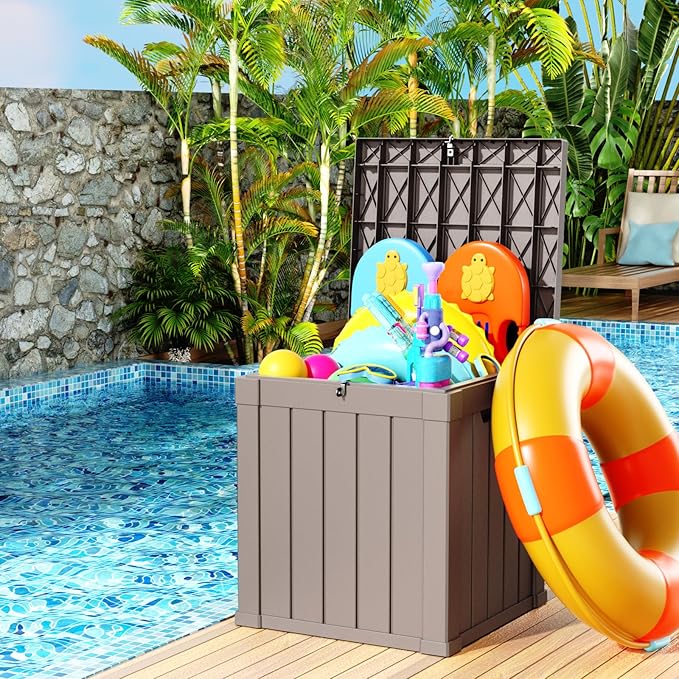 40 Gallon Resin Deck Box, Lockable Patio Outdoor Storage Box for Furniture, Garden Tools and Tools Storage, Waterproof Outside Storage Boxes - Grey