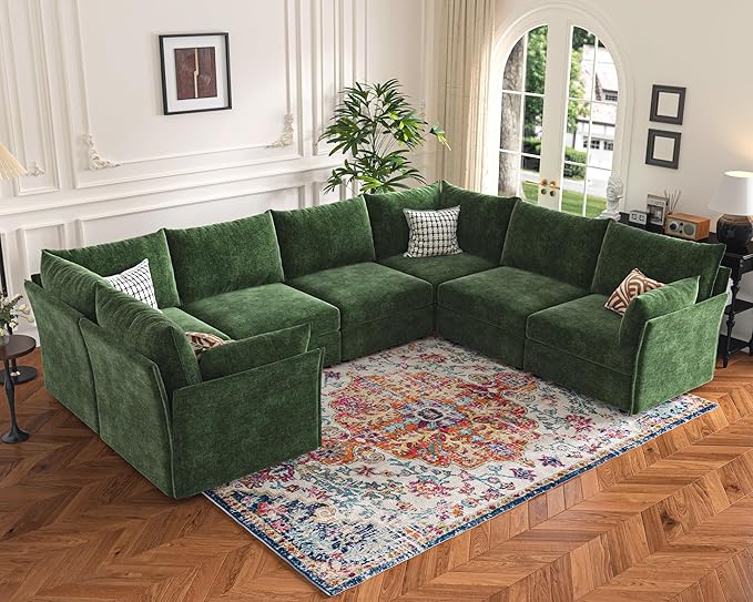 136.4" Oversized Modular Sectional Sofa, U Shaped Convertible Couch with Movable Ottoman, Large 7 Seat Corner Couches for Living Room Deep Seat Green Chenille