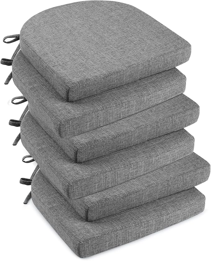 downluxe Indoor Chair Cushions for Dining Chairs, Soft and Comfortable Textured Foam Kitchen Chair Pads with Ties and Non-Slip Backing, 16" x 16" x 2", Dark Grey, 6 Pack