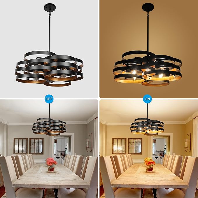 6-Light Modern Farmhouse Chandeliers for Dining Room, Rustic Multiple Rings Pendant Lighting, Industrial Metal Round Chandelier for Kitchen Entryway, Black with Gold Interior