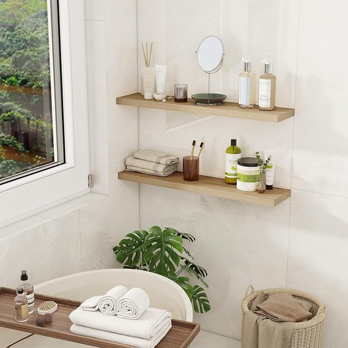 Fun Memories 30" Rustic Wood Deep Floating Shelves for Wall, Invisible Brackets for Decor & Storage, Living Room, Bathroom (Oak, Set of 2)