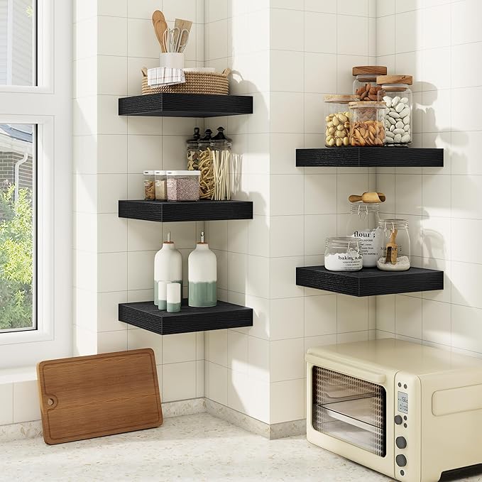 fuqing Floating Shelves for Wall, Bathroom Shelf Wall Mounted for Storage, Shelves with Invisible Bracket for Bedroom, Kitchen, Living Room, Farmhouse Small Book Shelf, 6.5 Inch Set of 3, Black