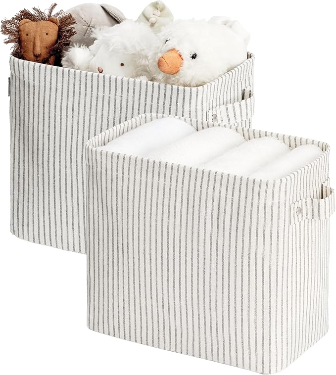StorageWorks Narrow Storage Bins, Small Basket for Closet and Shelves, Rectangular Fabric Organizer with Handles, Toilet Paper Storage, Gray and White Stripes, 2-Pack