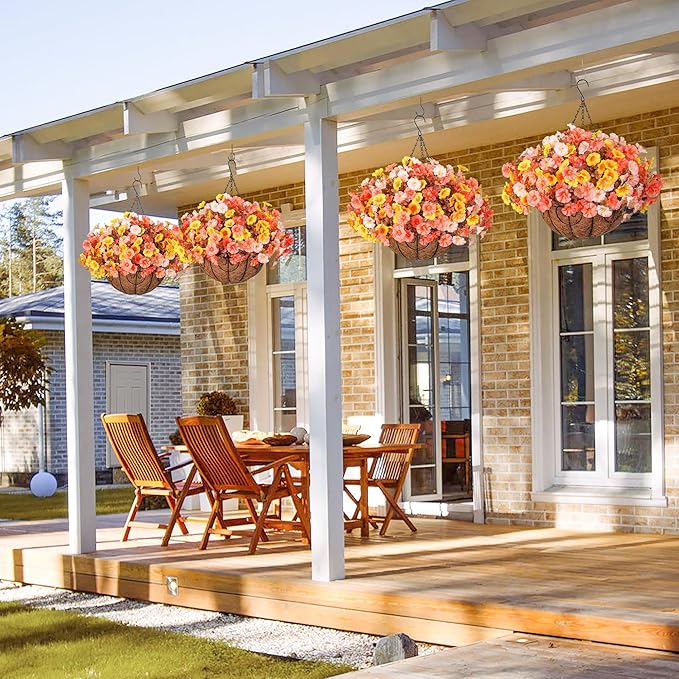 Artificial Fall Flowers Fake Hanging Plants Flowers Basket for Outdoors Autumn Decoration, Silk Morning Glory with Eucalyptus Look Real UV Resistant Faux Flowers for Outside Porch Patio Balcony, Mix