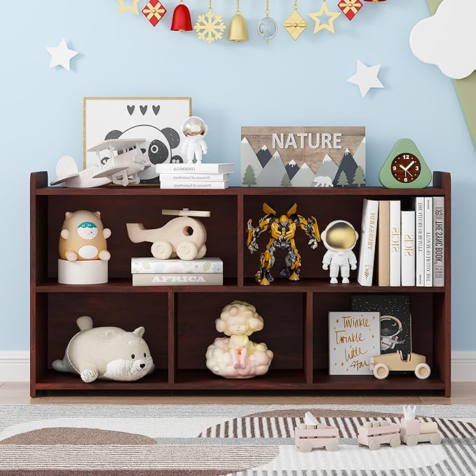 Book Shelf Set of 2, 5 Cubes Storage Organizer, Freestanding Cherry Bookshelf Cube Shelf for Bedroom, Living Room, Home Office, Open Bookshelf Wooden Bookcase