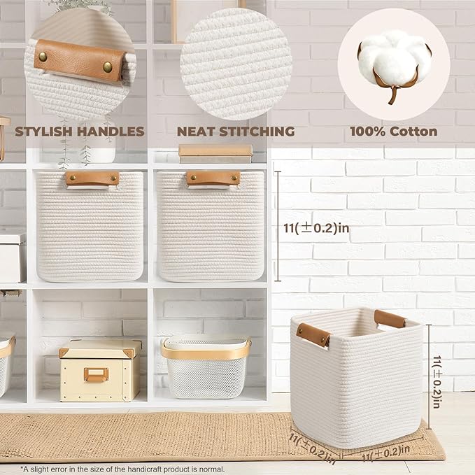 danpinera Set of 3 11 Inch Storage Baskets, Cube Storage Bins, White Woven Baskets with Stable Leather Handles, Square Cotton Rope Bins for any Room, Easy to Recover