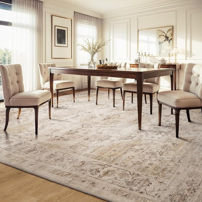 AMOAMI-Area Rug 5X7 Rugs for Living Room-Vintage Soft Beige Rugs for Bedroom-Non Slip Carpet-Machine Washable Rug for Dining Room Living Room Bedroom Office Under Table-Beige