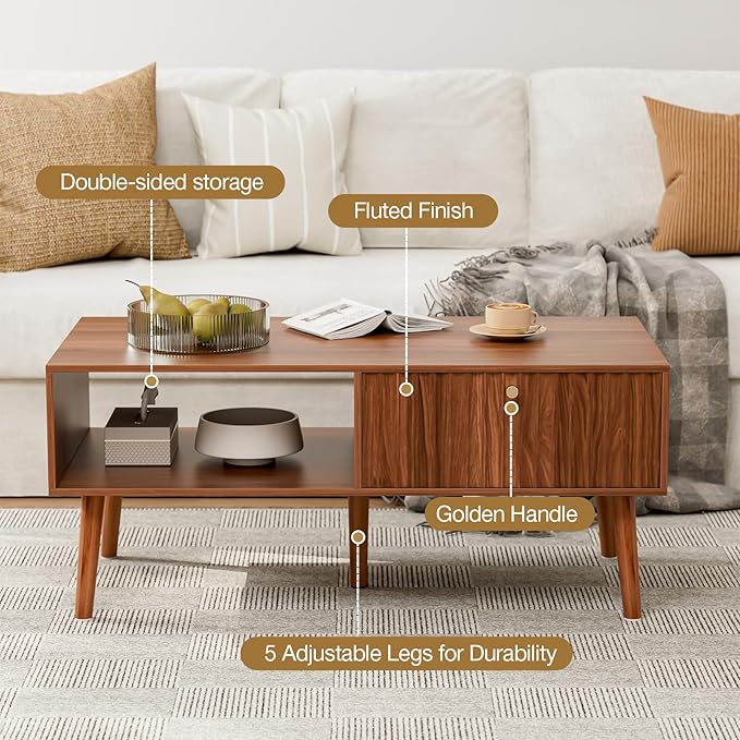 Coffee Table with Storage, Mid Century Dining Table with Fluted Drawer and Solid Wood Legs, Small Coffee Tables for Living Room, Walnut