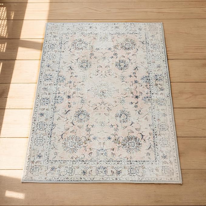 3'x5' Vintage Floral Rug - Persian Inspired Low-Pile Faux Wool Area Rug, Non-Slip Washable Small Rug for Bedroom, Nursery, Dorm, Soft Pink Boho Chic Decor