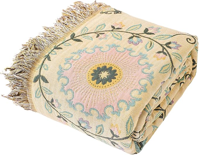 Snycler Boho Throw Blanket 60"x80" - 100% Cotton Ultra Soft Rustic Quilt, Green Floral Printed Farmhouse Decor for Bed, Sofa, Couch, Chair - All Season Cozy Blanket