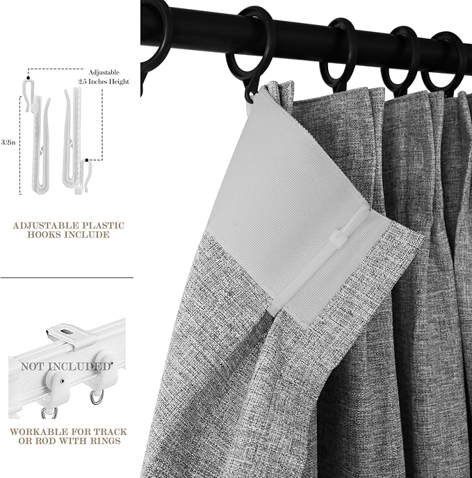 Light Grey Pinch Pleat 100% Blackout Drapes Linen Blend, Room Divider, Room Darkening, Energy Saving, Furniture Protecting, Light Blocking Extra Wide Privacy Curtains, 240Wx84L, 1 PC