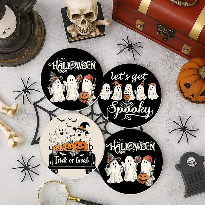 Coaster for Drinks Set of 6, Halloween Black and White Ghost Pumpkins Absorbent Round Ceramic Stone Mat, with Cork Base and Metal Holder, Gift for Housewarming Room Bar Decor