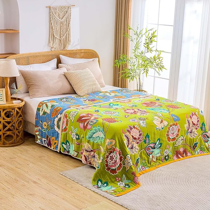 Fall Throw Blanket, 100% Cotton Soft Rustic Boho Throw Blanket for Bed, 50"x60" Farmhouse Decor Bed Flower Blankets, Light Weight Reversible Bohemian Throw Quilt