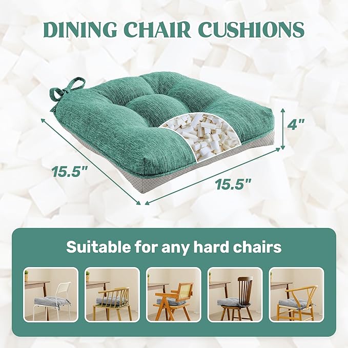 puredown® Chair Cushions for Dining Chairs, Tufted Memory Foam Chair Pads with Non-Slip Backing, Kitchen Seat Cushions with Ties, Washable Seat Pad Set of 4, 15.5" x 15.5" x 4", Green