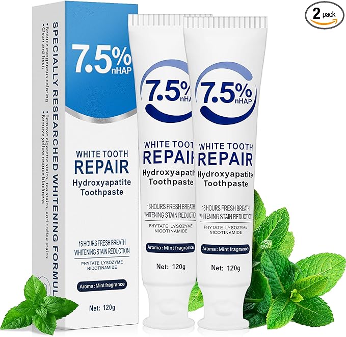 7.5% Nano Hydroxyapatite Toothpaste 2Packs (Fluoride-Free), Helps Remineralize, Protects Enamel, Strengthens Tooth, Dentist-Recommended for Sensitive Teeth & Kids, Refresh Mint Whitening Toothpaste