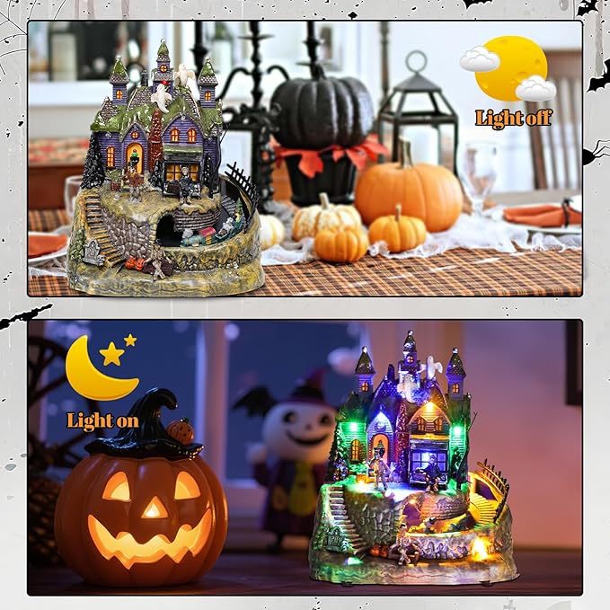 DREAM GARDEN Halloween Village Collection, Lighted Spooky Haunted House with Animated Train and Scary Sound Resin Spooky Town with Skull, Pumpkin, Ghost for Holiday Party Tabletop Decor