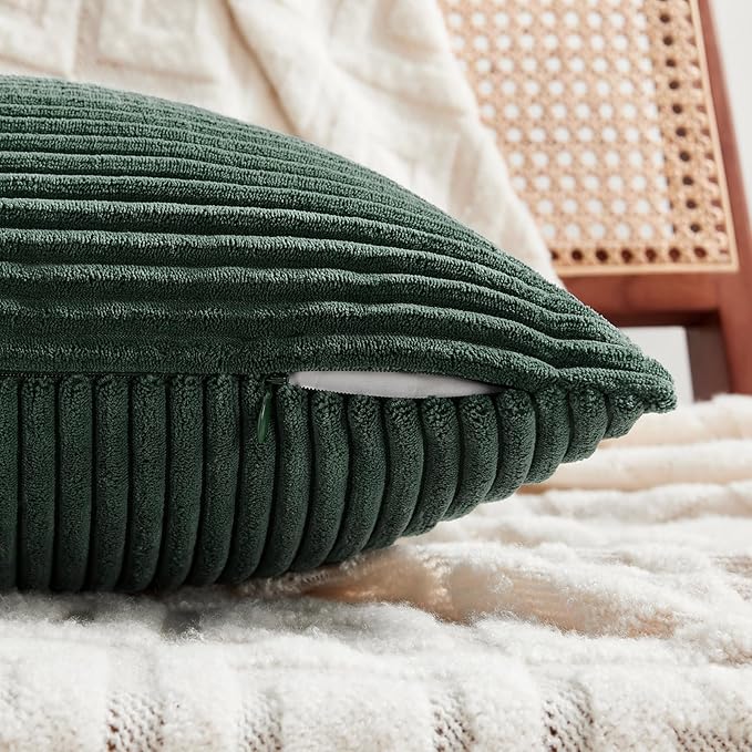 Fancy Homi Set of 2 Dark Green Lumbar Decorative Throw Pillow Covers 12x20 Inch for Living Room Couch Bed, Boho Farmhouse Forest Green Home Decor, Soft Corduroy Corss Patchwork Cushion Case