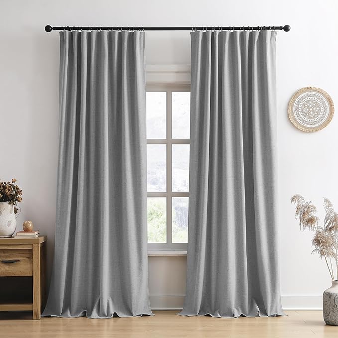 RAIN CITY 94 Inch Long Blackout Curtains 2 Panels Set,70 Inch Wide Back Tab Pleated Curtains with Hooks Track System,Energy Efficinet Linen Blend Drapes for Dining Room Hoom Office 70x94,Grey
