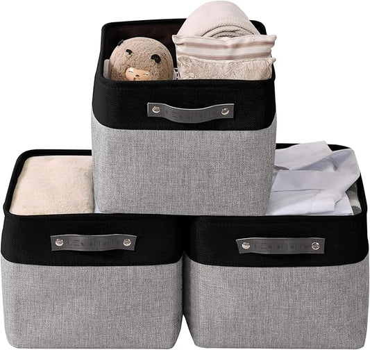DECOMOMO Storage Baskets for Shelves - Fabric Closet Organizers and Storage Bins, Perfect Baskets for Organizing Closet Toys Nursery (Grey and Black, Large - 3 Pack)