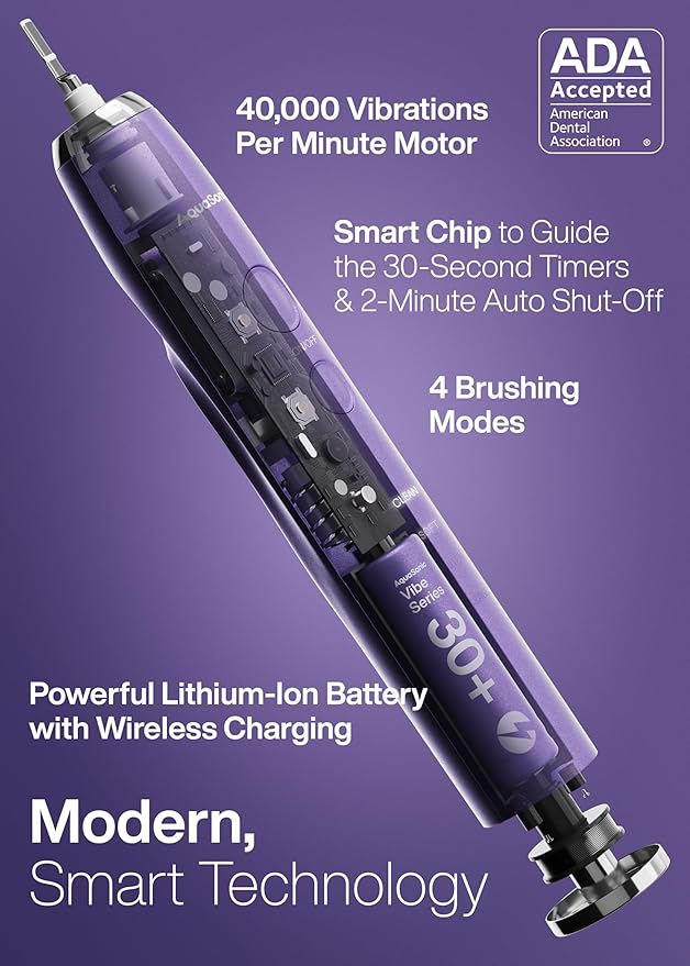 Aquasonic Vibe Series Ultra-Whitening Toothbrush – ADA Accepted Electric Toothbrush - 8 Brush Heads & Travel Case – 40,000 VPM Motor & Wireless Charging - 4 Modes w Smart Timer – Satin Violet