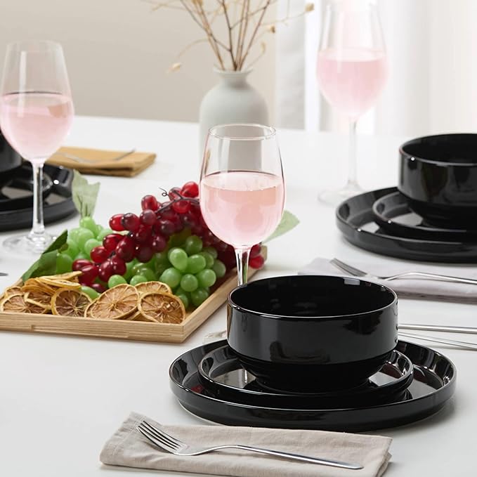 Ceramic Dinnerware Set, 12-Piece Service for 4, Soup Bowls (31.5 oz), Salad Plates (7.5"), Dinner Plates (10.5"), Round, Microwave and Dishwasher Safe, Black, Cambridge Classics