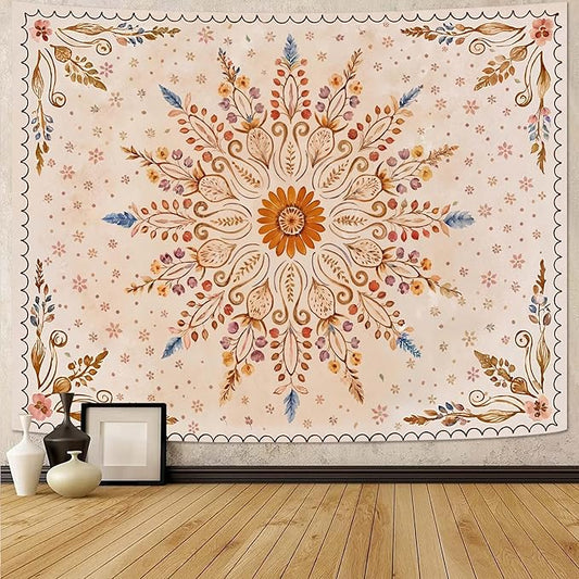 Fowocu Boho Floral Mandala Tapestry for Bedroom Aesthetic Watercolor Bohemian Flower Wall Tapestry Brown Beige Hippie Indian Small Tapestries Wall Hanging for Living Room Dorm Decor 40 x 30 Inch