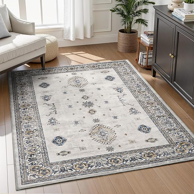 AMOAMI-Vintage Area Rug 3x5 Grey Rugs for Living Room-Soft Washable Rug Non Slip Entryway Rug Indoor Vintage Throw Accent for Bedroom Laundry Room Dining Bathroom Bedside