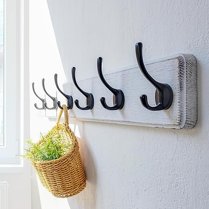 Dseap Coat Rack Wall: 24" Long, Patented, Heavy-Duty, 6-Double-Hooks Wooden Wall Mounted Coat Rack Coat Hanger Hook Rail for Winter Coats Hat Jacket Clothing, White & Black