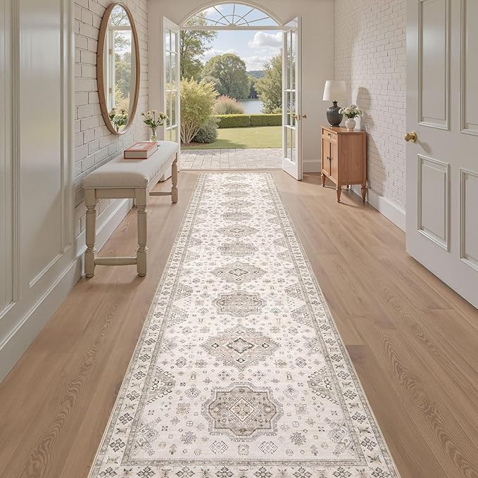 Washable 2.6x12 Runner Rug - Area Rugs Neutral Vintage Distressed Floral Farmhouse Boho Large Soft Floor Rug Indoor Carpet for Hallway Entryway Kitchen Home - Beige Brown