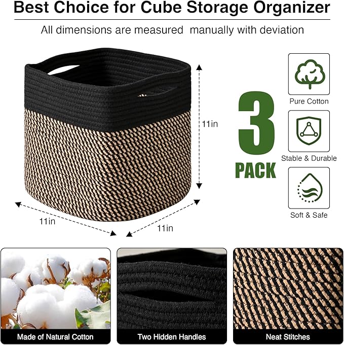11 Inch Cube Storage Bins, Storage Cube Organizer Bins, Woven Cotton Rope Baskets for Storage, Storage Basket for Organizing Shelves, Square Baskets for Toys Nursery, Black & Jute (Pack of 3)