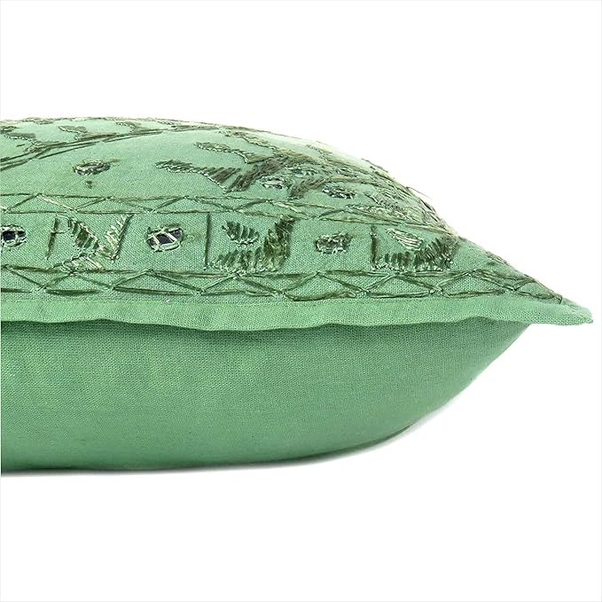 Eyes of India Embroidered Decorative Boho Throw Pillow Cover with Mirrors, Handmade Bohemian Accent Cushion Case for Sofa Couch Bedroom Living Room (Green, 16" x 16")