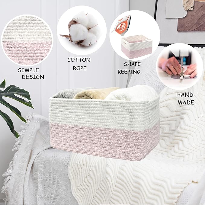 COMFY-HOMI Cotton Rope Woven Basket with Handles for Shelves,Toys,Book, Cloth Storage Baskets for Organizing-17" x 13" x 7.5" Toy Decorative Organizer for Living Room, Bathroom （white/pink）