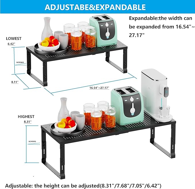 Expandable Spice Rack,Stackable Storage for Cabinet, Multi-Functional Kitchen Shelving,Height-Adjustable,Sustainable Organizer Solution(2Packs/Black/Medium)