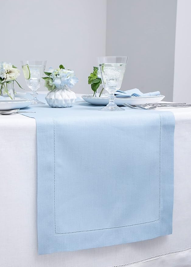 Solino Home Linen Sky Blue Table Runner 60 Inches - Classic Hemstitch, 100% Pure Linen Coffee Table Runner 14 x 60 Inch Ideal for Dresser Tables