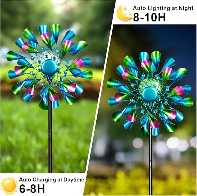 60'' Wind Spinner with Color Glass Ball Solar Lights, Green Peacock Feathers Metal Garden Outdoor Decor Yard Lawn Art Decor for Patio Kinetic Windmills Unique Gifts for Friends and Family