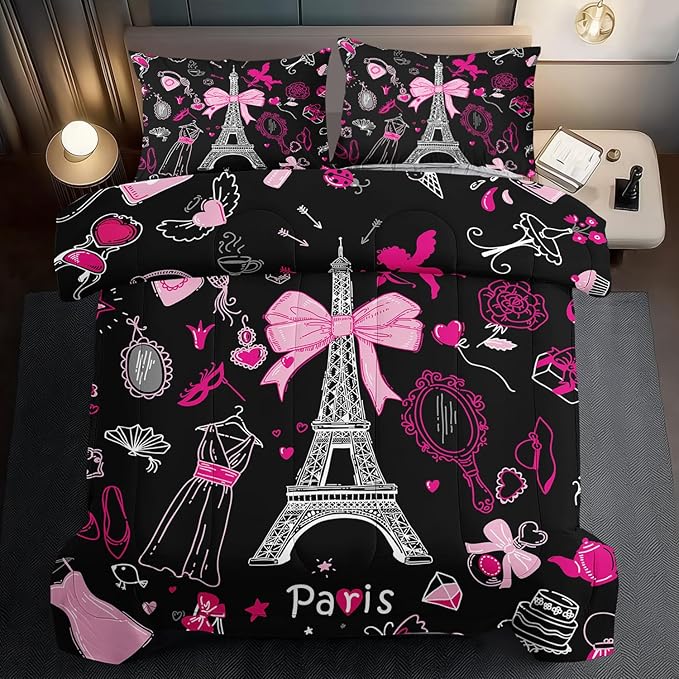 Eiffel Tower Comforter Set Full Size,Eiffel Tower Bedding Set for Girls, Pink and Black Paris Themed Comforter Bedroom Decor,Paris Quilt French Style Romantic Bedding